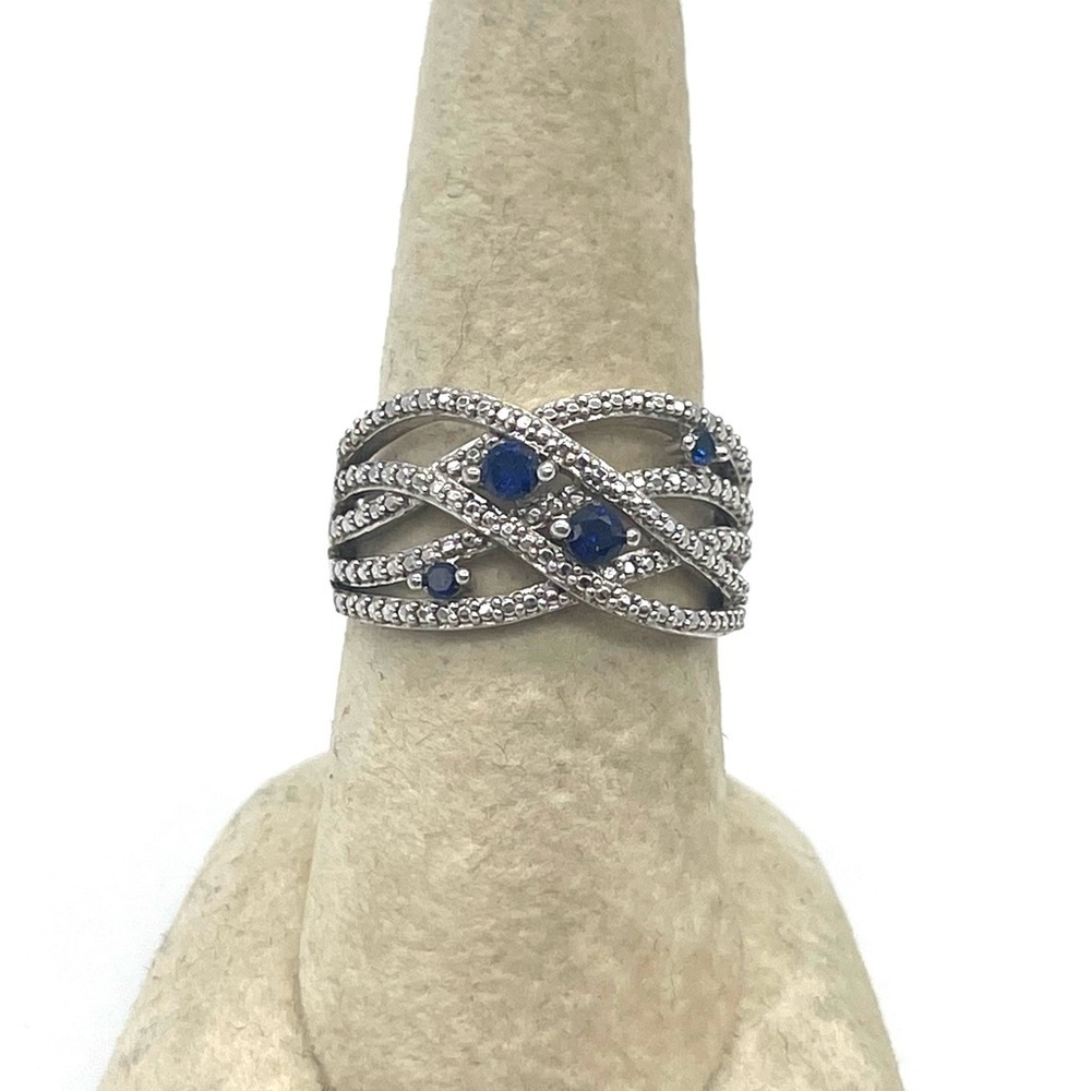 Blues Sapphire Highway Ring w/ Cubic Zirconia Accent 925 Sterling Silver